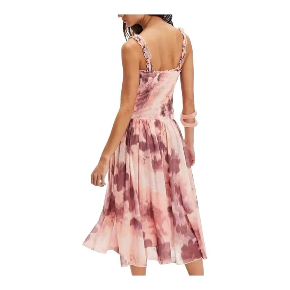 Free People Tessa Smocked Midi Dress Large Blush Pink Soft Combo Cottagecore NWT